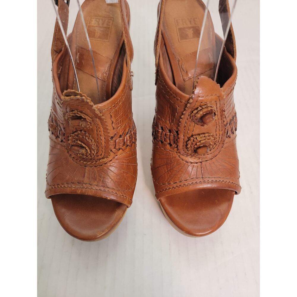 Frye Anya Concho Heel Sandal SZ 7M Sling Platform Wood Broen Leather Retro Boho - Picture 3 of 9